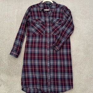Plaid Long Duster Shirt or Midi Dress-BurgundyGray,Cream Long Sleeve Button Down